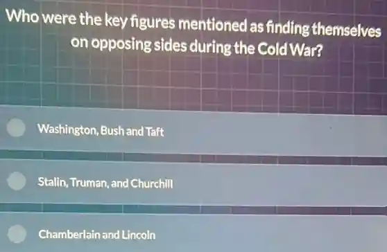 Who were the key figures mentioned as finding themselves
on opposing sides during the Cold War?
Washington, Bush and Taft
Stalin, Truman, and Churchill
Chamberlain and Lincoln