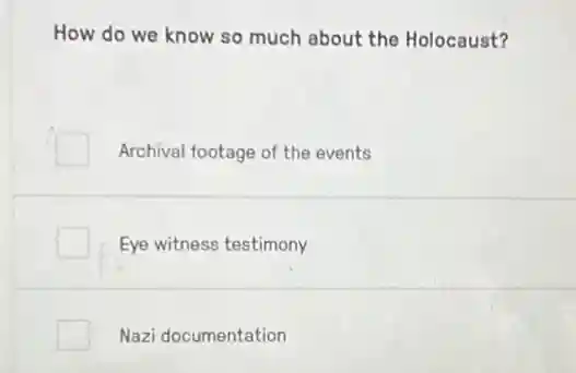 How do we know so much about the Holocaust?
Archival footage of the events
Eye witness testimony
Nazi documentation