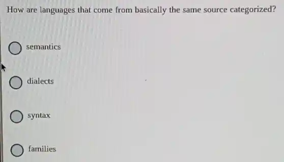 How are languages that come from basically the same source categorized?
semantics
dialects
syntax
families