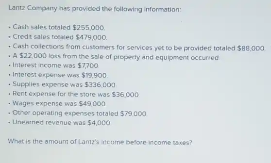 Lantz Company has provided the following information:
- Cash sales totaled 255,000
- Credit sales totaled 479,000
- Cash collections from customers for services yet to be provided totaled 88,000
. A 22,000 loss from the sale of property and equipment occurred.
- Interest income was 7,700
- Interest expense was 19,900
- Supplies expense was 336,000
- Rent expense for the store was 36,000
- Wages expense was 49,000
- Other operating expenses totaled 79,000
- Unearned revenue was 4,000
What is the amount of Lantz's income before income taxes?