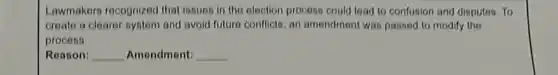 Lawmakers recognized that issues in the election process could load to confusion and disputes. To
create a clearer system and avoid future conflicts an amondment was passed to modify the
process.
Reason: __ Amendment: __