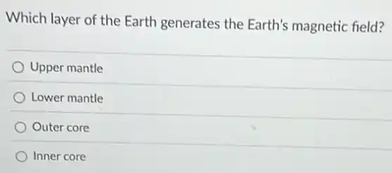Which layer of the Earth generates the Earth's magnetic field?
Upper mantle
Lower mantle
Outer core
Inner core