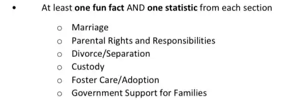 At least one fun fact AND one statistic from each section
Marriage
Parental Rights and Responsibilities
Divorce/Separation
Custody
Foster Care/Adoption
Government Support for Families