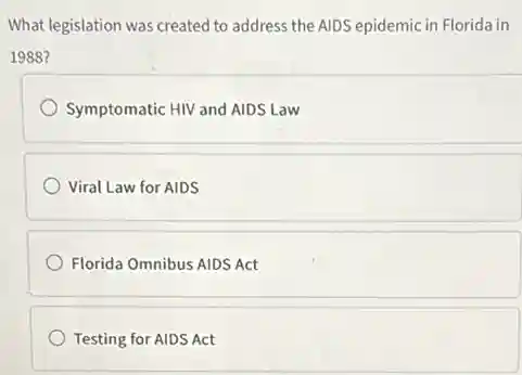 What legislation was created to address the AIDS epidemic in Florida in
1988 ?
Symptomatic HIV and AIDS Law
Viral Law for AIDS
Florida Omnibus AIDS Act
Testing for AIDS Act