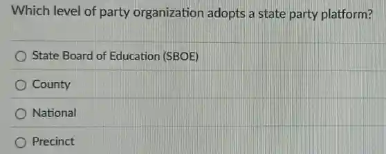 Which level of party organization adopts a state party platform?
State Board of Education (SBOE)
County
National
Precinct