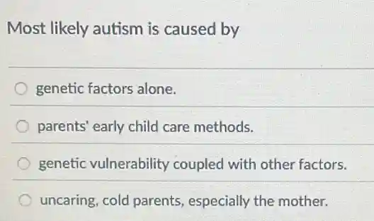 Most likely autism is caused by
genetic factors alone.
parents' early child care methods.
genetic vulnerability coupled with other factors.
uncaring, cold parents especially the mother.