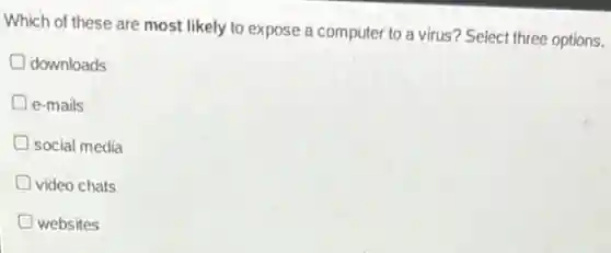 Which of these are most likely to expose a computer to a virus? Select three options.
downloads
e-mails
social media
video chats
websites