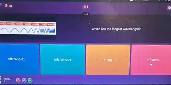 Which has the longest wavelength?
ultraviolet microwave x-ray infrared