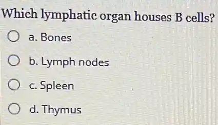 Which lymphatic organ houses B cells?
a. Bones
b. Lymph nodes
c. Spleen
d. Thymus