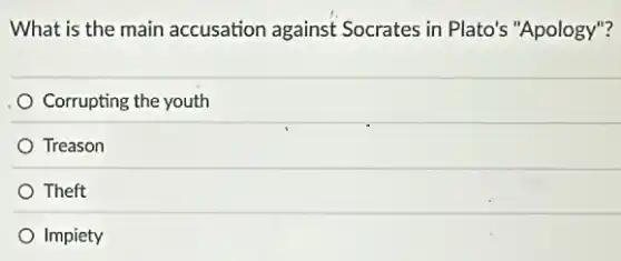 What is the main accusation against Socrates in Plato's "Apology"?
Corrupting the youth
Treason
Theft
Impiety