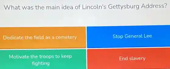 What was the main idea of Lincoln's Gettysburg Address?
Dedicate the field as a cemetery
Stop General Lee
Motivate the troops to keep
fighting
End slavery