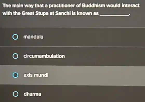 The main way that a practitioner of Buddhism would Interact
with the Great Stupa at Sanchi is known as __
mandala
circumambulation
axis mundi
dharma