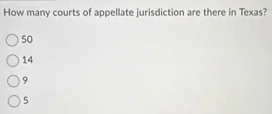 How many courts of appellate jurisdiction are there in Texas?
50
14
9
5