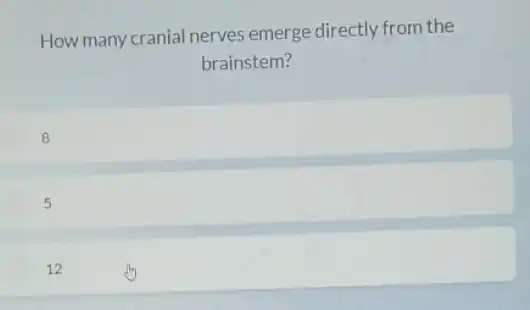 How many cranial nerves emerge directly from the
brainstem?
8
5
12