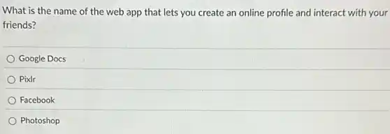 What is the name of the web app that lets you create an online profile and interact with your
friends?
Google Docs
Pixlr
Facebook
Photoshop