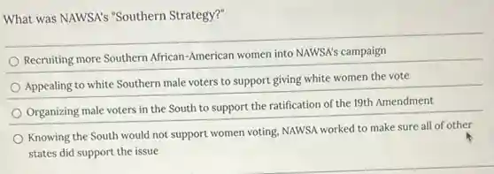 What was NAWSA's "Southern Strategy?"
Recruiting more Southern African-American women into NAWSA's campaign
Appealing to white Southern male voters to support giving white women the vote
Organizing male voters in the South to support the ratification of the 19th Amendment
Knowing the South would not support women voting NAWSA worked to make sure all of other
states did support the issue