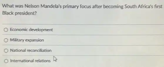 What was Nelson Mandela's primary focus after becoming South Africa's first
Black president?
Economic development
Military expansion
National reconciliation
International relations