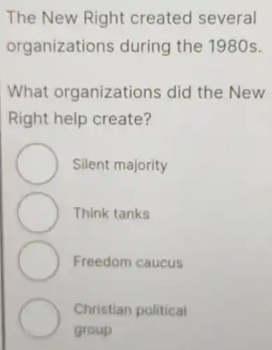 The New Right created several
organizations during the 1980s.
What organizations did the New
Right help create?
Silent majority
Think tanks
Freedom caucus
Christian political
group