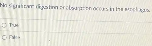 No significant digestion or absorption occurs in the esophagus.
True
False