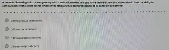 A nurse is discussing cultural competency with a newly licensed nurse. The nurse should include that nurses should have the ability to
communicate with clients across which of the following sociocultural barriers to be culturally competent?
Different sexual orientations
Different social statuses
Different professional roles
Different religious beliefs