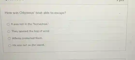 How was Odysseus' boat able to escape?
It was not in the "horseshoe."
They opened the bag of wind.
Athena protected them.
He was not on the island.