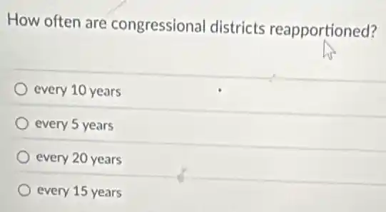 How often are congressional districts reapportioned?
every 10 years
every 5 years
every 20 years
every 15 years