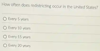 How often does redistricting occur in the United States?
Every 5 years
Every 10 years
Every 15 years
Every 20 years