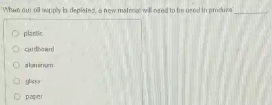 When our oil supply is depleted, a new material will need to be used to produce __
plastic
cardboard
aluminum
glass
paper