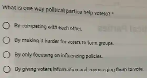What is one way political parties help voters?
By competing with each other.
By making it harder for voters to form groups.
By only focusing on influencing policies.
By giving voters information and encouraging them to vote.