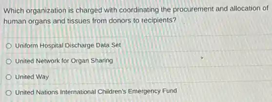 Which organization is charged with coordinating the procurement and allocation of
human organs and tissues from donors to recipients?
Uniform Hospital Discharge Data Set
United Network for Organ Sharing
United Way
United Nations International Children's Emergency Fund