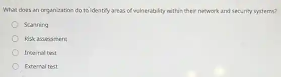 What does an organization do to identify areas of vulnerability within their network and security systems?
Scanning
Risk assessment
Internal test
External test