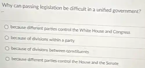 Why can passing legislation be difficult in a unified government?
because different parties control the White House and Congress
because of divisions within a party
because of divisions between constituents
because different parties control the House and the Senate