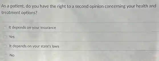 As a patient, do you have the right to a second opinion concerning your health and
treatment options?
It depends on your insurance
Yes
It depends on your state's laws
No