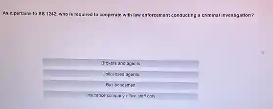 As it pertains to SB 1242, who is required to cooperate with law enforcement conducting a criminal investigation?


Brokers and agents 

Unlicensed agents 

Bail bondsmen 

Insurance company office staff only