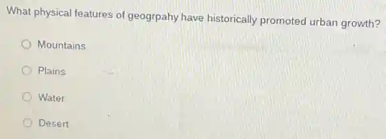 What physical features of geogrpahy have historically promoted urban growth?
Mountains
Plains
Water
Desert