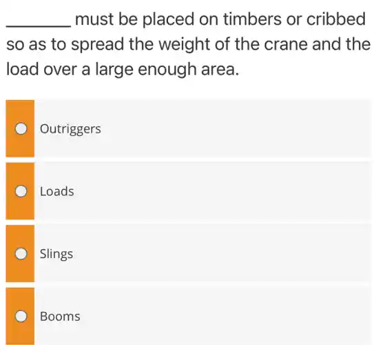 __ must be placed on timbers or 'cribbed
so as to spread the weight of the crane and I the
load over a large enough I area.
Outriggers
Loads
Slings
Booms