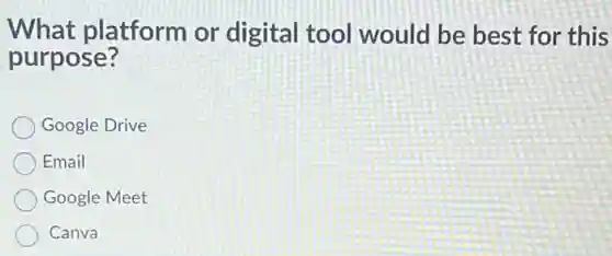 What platform or digital tool would be best for this
purpose?
Google Drive
Email
Google Meet
Canva