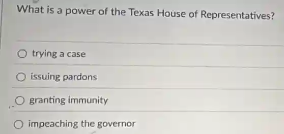 What is a power of the Texas House of Representatives?
trying a case
issuing pardons
granting immunity
impeaching the governor