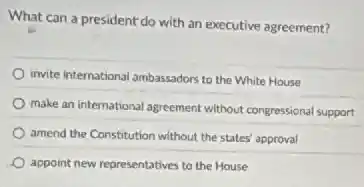 What can a president do with an executive agreement?
invite international ambassadors to the White House
make an international agreement without congressional support
amend the Constitution without the states' approval
appoint new representatives to the House
