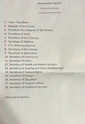 Presidential Cabinet
(Order of Succession)
Continuity of Government
1. Vice-President:
2. Speaker of the House:
3. President Pro Tempore of the Senate:
4. Secretary of State:
5. Secretary of the Treasury:
6. Secretary of Defense:
7. U.S. Attorney General:
8. Secretary of the Interior:
9. Secretary of Agriculture:
10. Secretary of Commerce:
11. Secretary of Labor:
12. Secretary of Health and Human Services:
13. Secretary of Housing and Urban Development:
14. Secretary of Transportation:
15. Secretary of Energy:
16. Secretary of Education:
17. Secretary of Veterans Affairs:
18. Secretary of Homeland Security:
Other Cabinet Advisors: