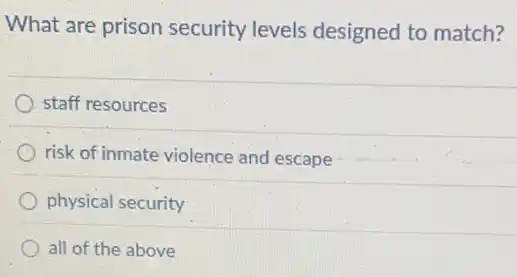 What are prison security levels designed to match?
staff resources
risk of inmate violence and escape
physical security
all of the above