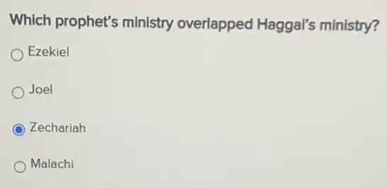 Which prophet's ministry overlapped Haggal's ministry?
Ezekiel
Joel
Zechariah
Malachi