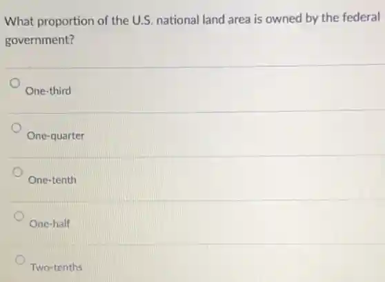 What proportion of the U.S. national land area is owned by the federal
government?
One-third
One-quarter
One-tenth
One-half
D
Two-tenths