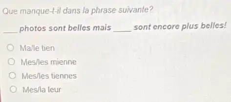 Que manque-t-il dans la phrase suivante?
__ photos sont belles mais __ sont encore plus belles!
Malle tien
Mes/les mienne
Mes/les tiennes
Mes/la leur