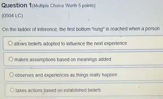 Question 1(Multiple Choice Worth 5 points)
(0504 LC)
On the ladder of inference, the first bottom "rung" is reached when a person
allows beliefs adopted to influence the next experience
makes assumptions based on meanings added
observes and experiences as things really happen
takes actions based on established beliefs