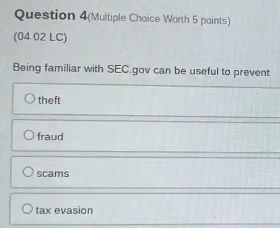 Question 4(Multiple Choice Worth 5 points)
(04.02 LC)
Being familiar with SEC.gov can be useful to prevent
theft
fraud
scams
tax evasion