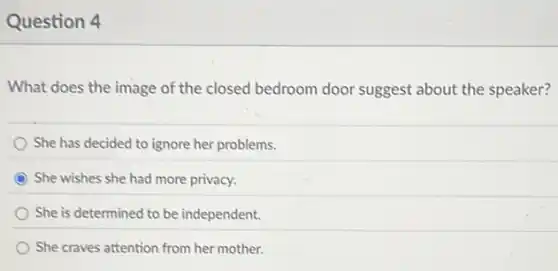 Question 4
What does the image of the closed bedroom door suggest about the speaker?
She has decided to ignore her problems.
She wishes she had more privacy.
She is determined to be independent.
She craves attention from her mother.
