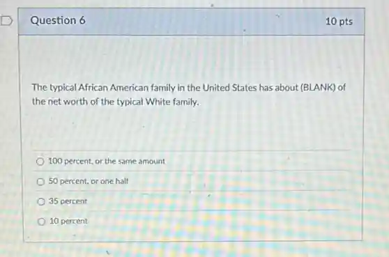 Question 6
The typical African American family in the United States has about (BLANK)of
the net worth of the typical White family.
100 percent, or the same amount
50 percent, or one half
35 percent
10 percent
10 pts