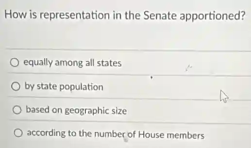 How is representation in the Senate apportioned?
equally among all states
by state population
based on geographic size
according to the number of House members
