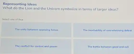 Representing Ideas
What do the Lion and the Unicorn symbolize in terms of larger ideas?
Select one of four
The unity between opposing forces
The inevitability of overwhelming defeat
The conflict for control and power
The battle between good and evil